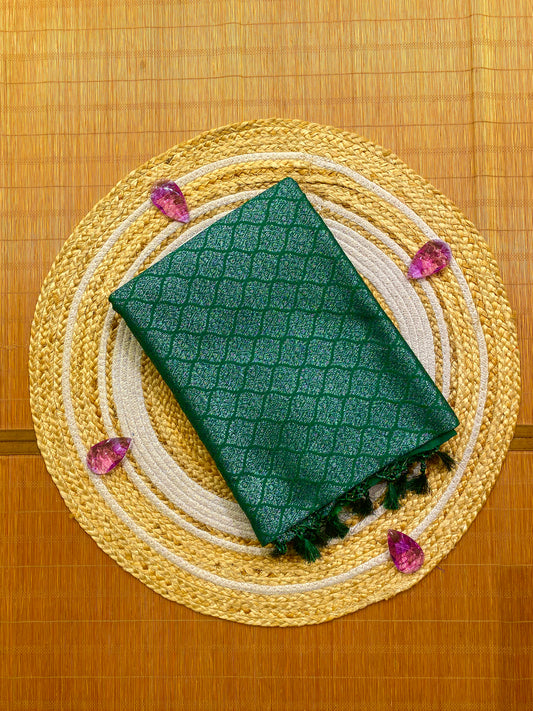 Deep Green Semi Katan Brocade Silk Saree, With Unstiched Blouse