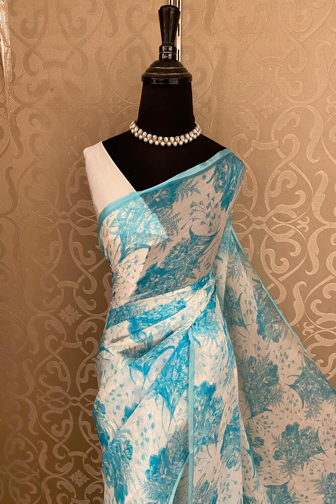 Off-White Sky Floral Printed Chiffon Saree, With Unstiched Blouse Piece