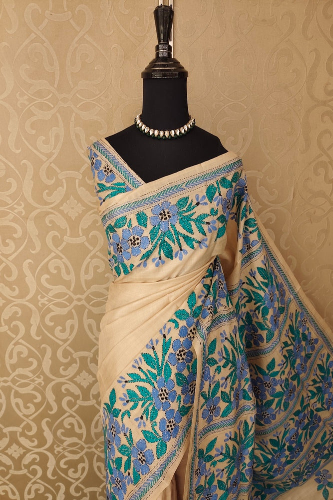 Off-White Tussar Embroidery Saree With Kantha Work Border, With Unstitched Blouse
