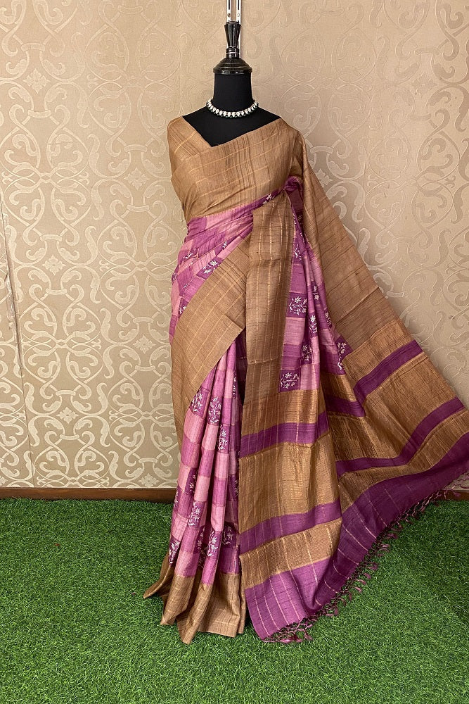 Pink & Purple Tussar Silk Printed Saree, With Unstiched Blouse - Saarang Sarees