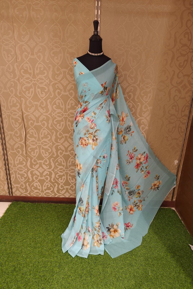 Sky Floral Printed Chiffon Saree, With Unstiched Blouse Piece