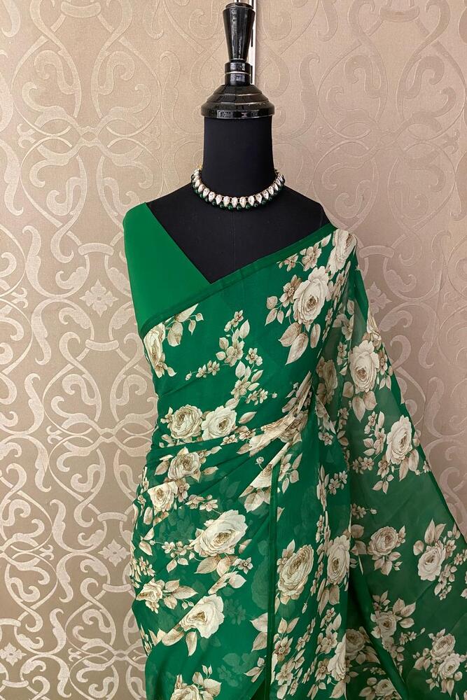 Deep green floral printed chiffon saree with unstiched blouse piece, perfect for party wear by Saarang Sarees.