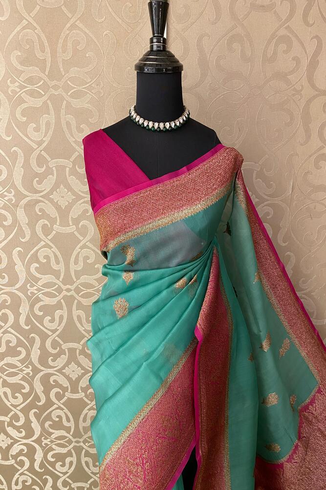 Firozi Blue Kora Banarasi Silk Saree, With Unstiched Blouse