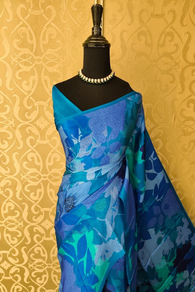 Blue Floral Printed Satin Crepe Saree, With Unstiched Blouse