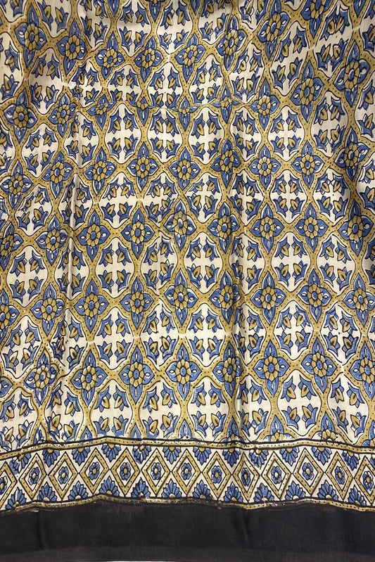 Balck & White Pure Modal Silk Ajrakh Printed Saree With Unstiched Blouse