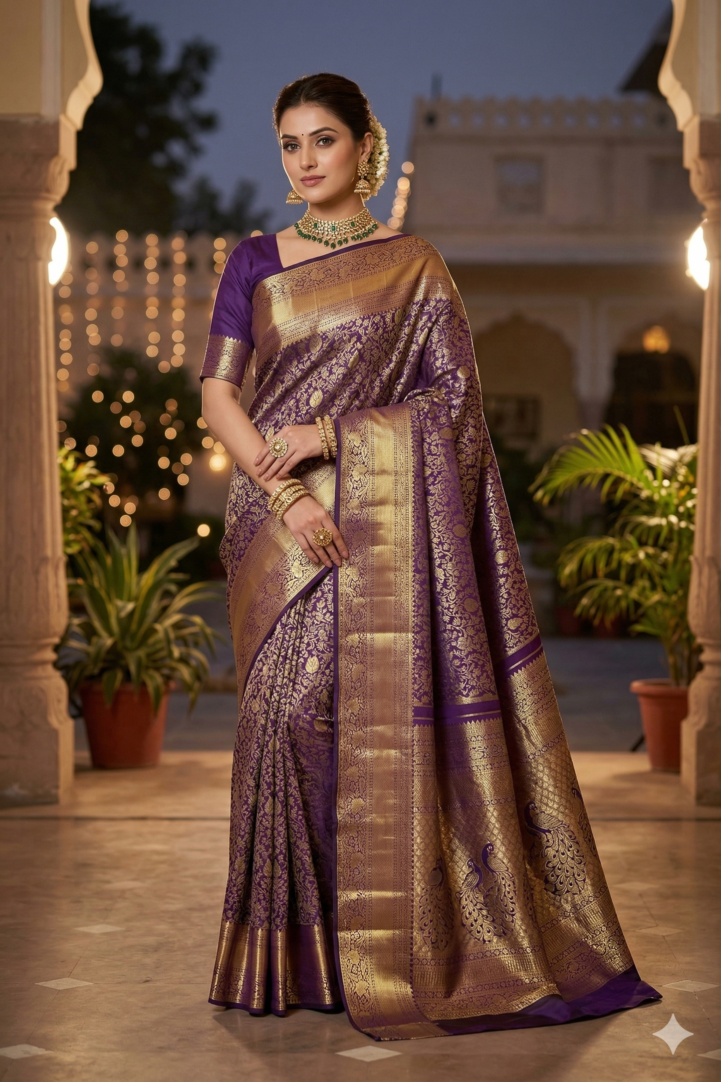 Deep violet pure Kanjeevaram silk saree with intricate gold zari work, paired with an unstiched matching blouse for traditional wear.