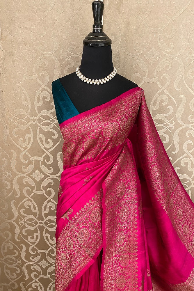 Rani Pure Raw Tussar Banarasi Silk Saree, Hand Woven Motifs With Unstiched Blouse