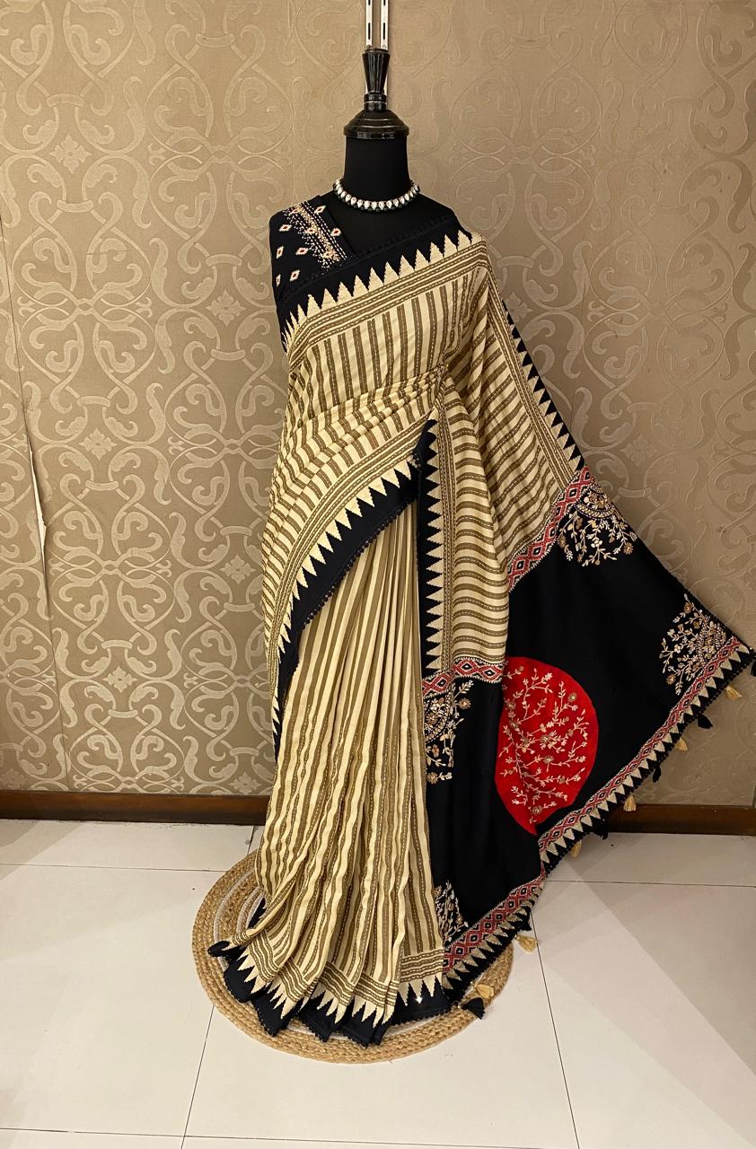 Beige Munga Silk Saree With Hand Embroidery Work, With Unstiched Blouse