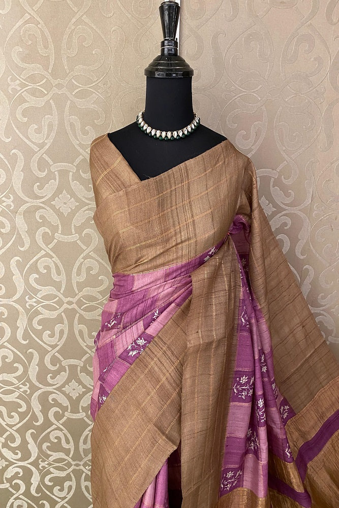 Pink & Purple Tussar Silk Printed Saree, With Unstiched Blouse - Saarang Sarees