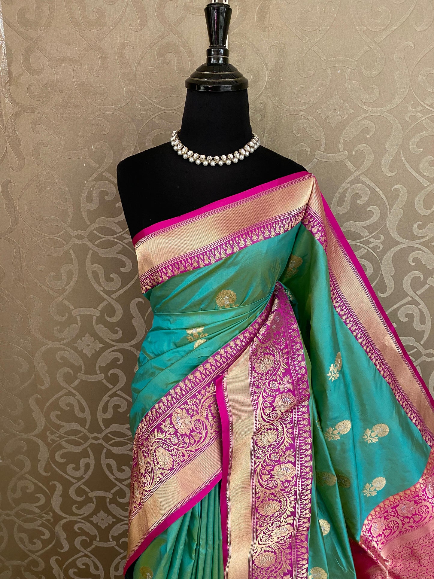 Rama Green Katan Banarasi Saree Hand Woven Work, With Unstiched Blouse