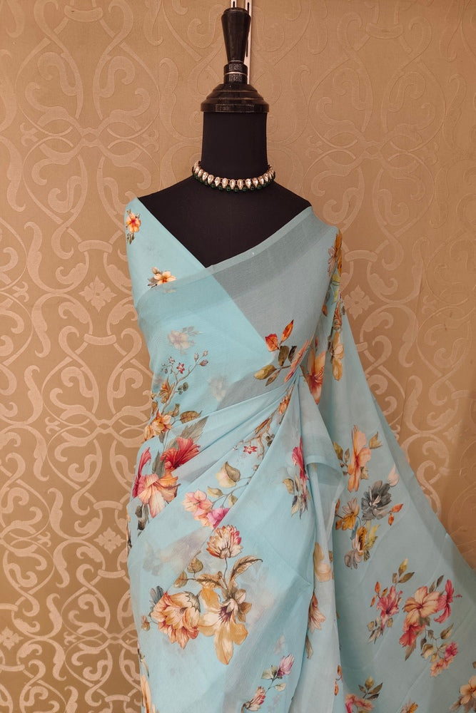 Sky Floral Printed Chiffon Saree, With Unstiched Blouse Piece