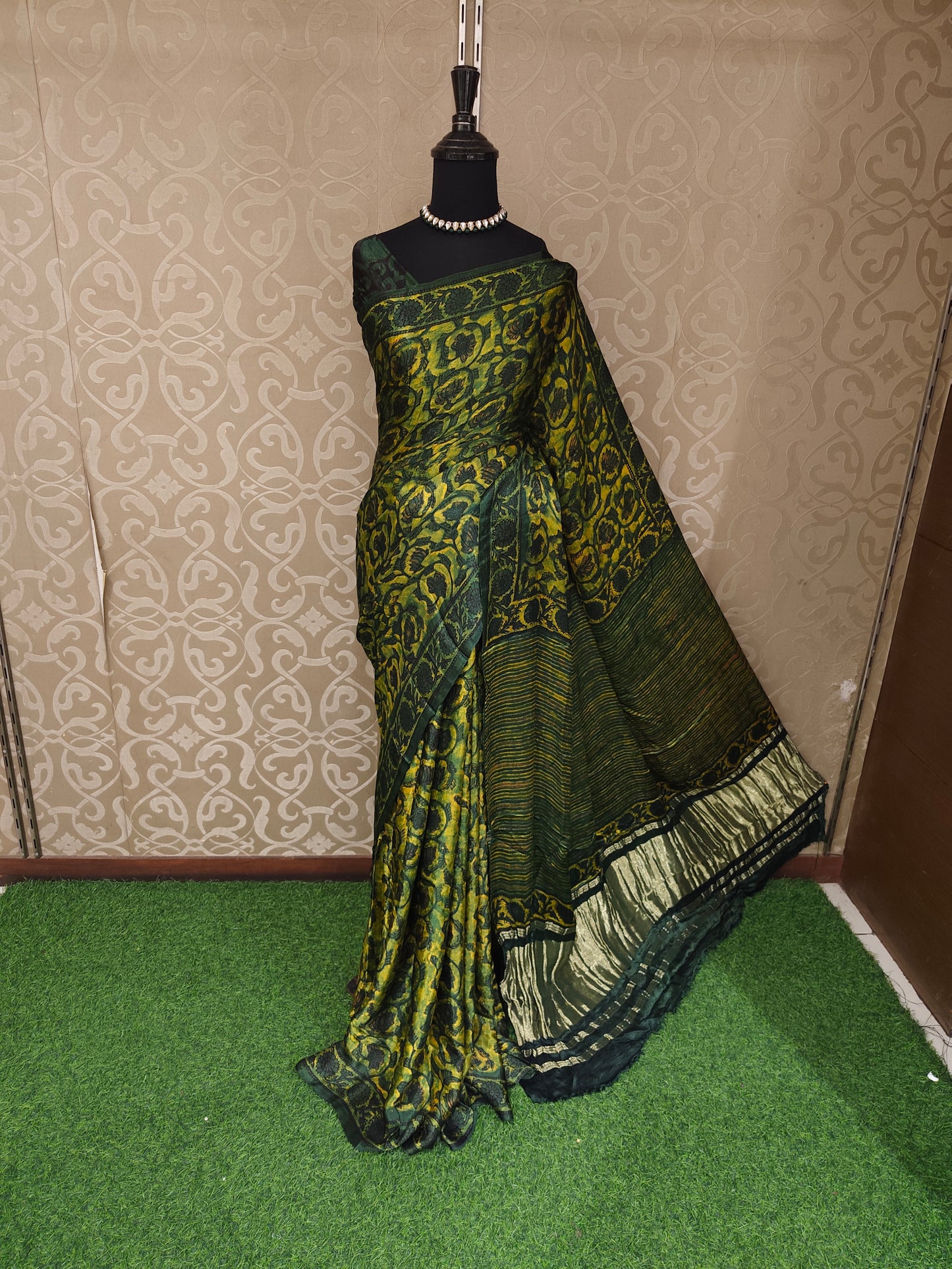 Yellow & Green Pure Modal Silk Ajrakh Printed Saree With Unstich Blouse