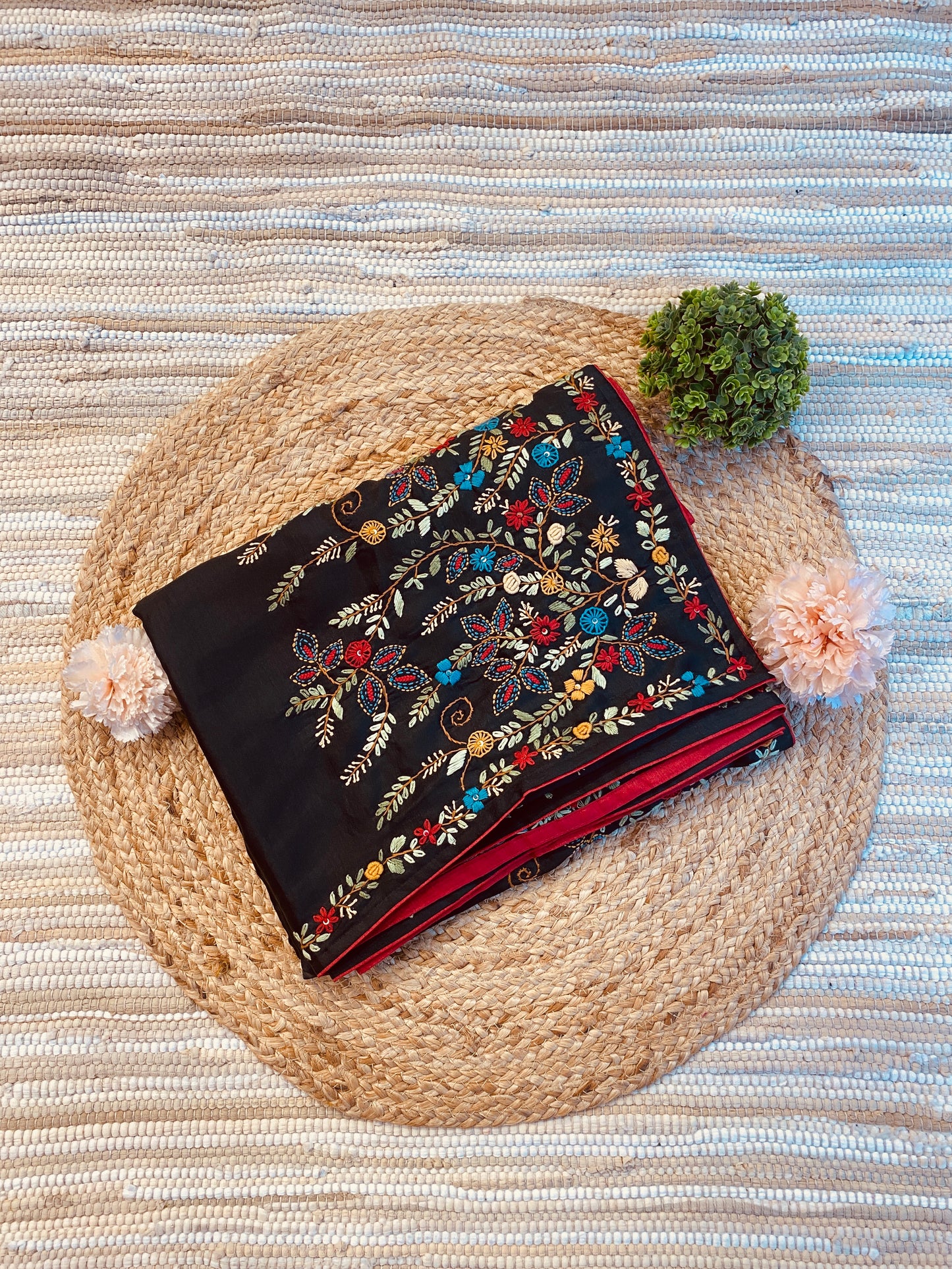 Black Semi Munga Silk French Knot Hand Embroidery Work Saree, With Unstiched Blouse