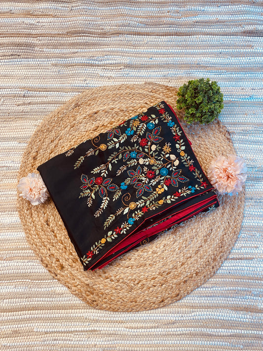 Black Semi Munga Silk French Knot Hand Embroidery Work Saree, With Unstiched Blouse