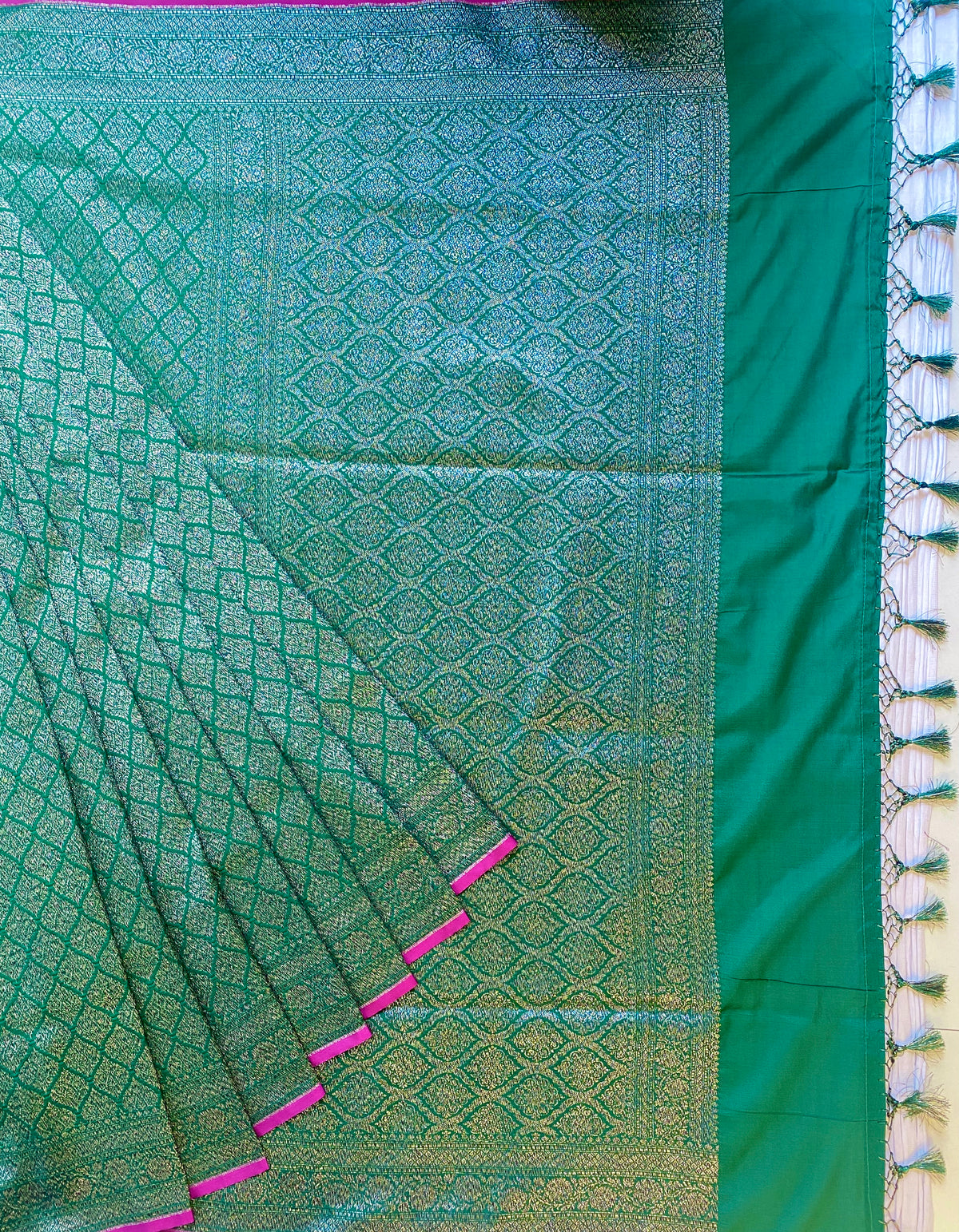 Deep Green Semi Katan Brocade Silk Saree, With Unstiched Blouse