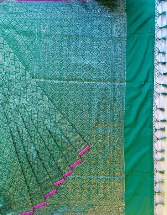 Deep Green Semi Katan Brocade Silk Saree, With Unstiched Blouse