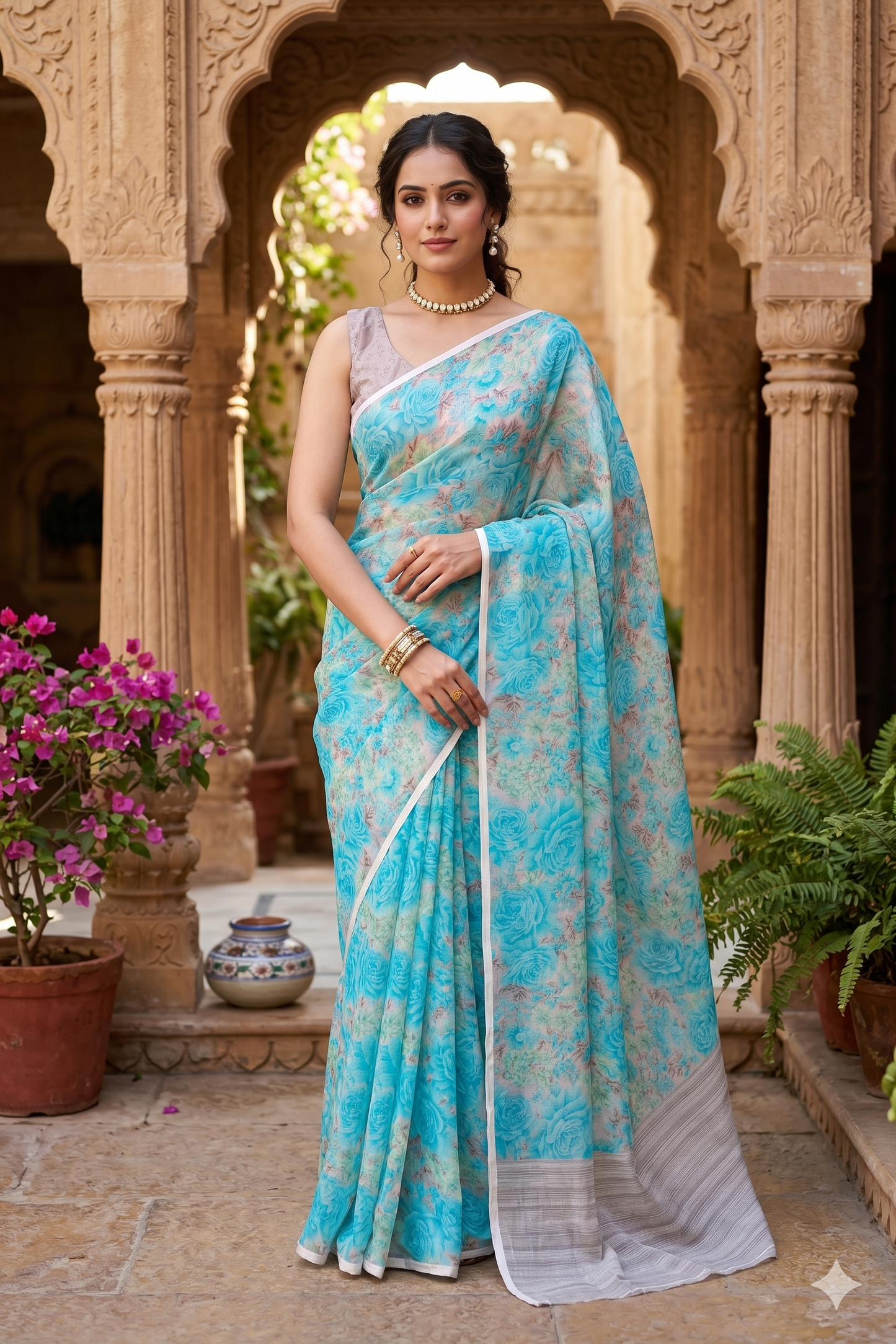 Mauve Blue Floral Printed Chiffon Saree, With Unstiched Blouse Piece