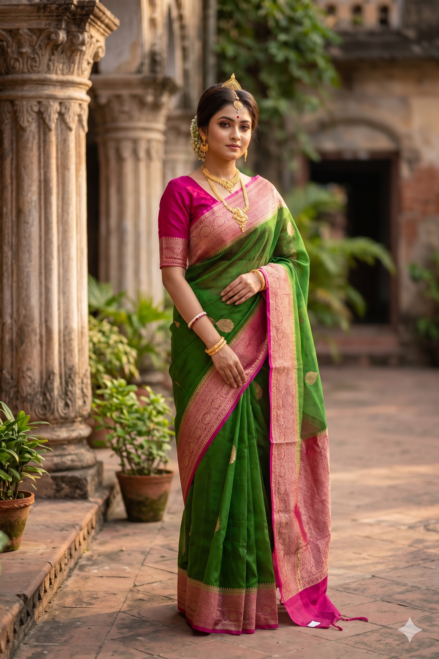 Light Green Kora Banarasi Silk Saree, With Unstiched Blouse