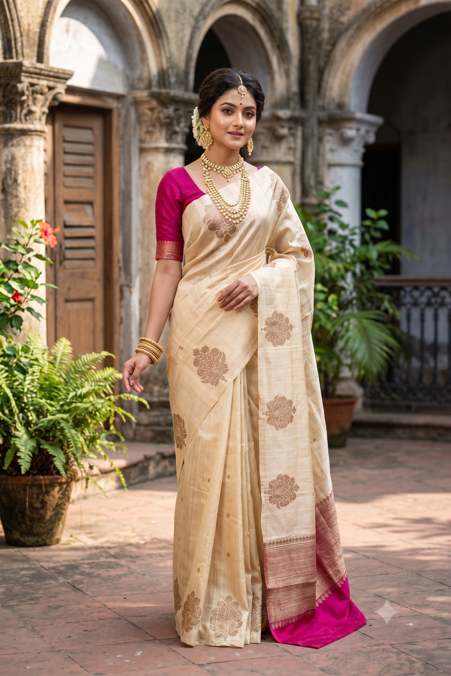 Off-White Pure Raw Tussar Banarasi Silk Saree, Hand Woven Motifs With Unstiched Blouse