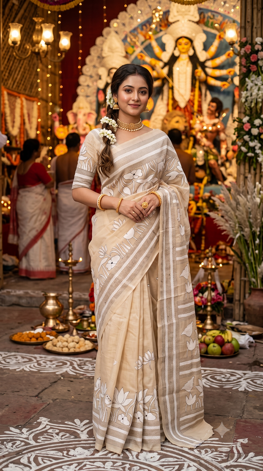Beige Tussar Embroidery Saree With Kantha Work Border, With Unstitched Blouse