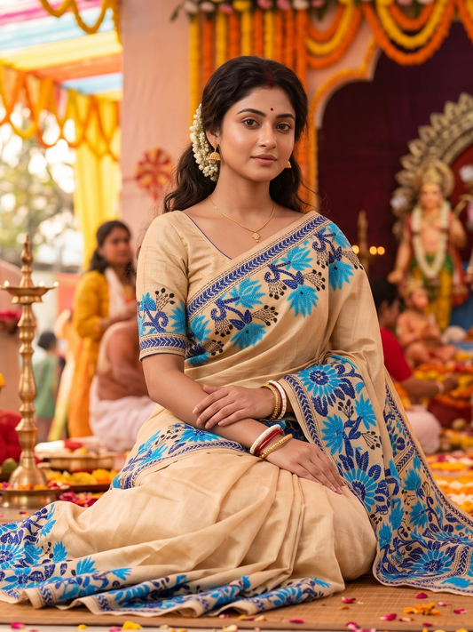Off-White Tussar Embroidery Saree With Kantha Work Border, With Unstitched Blouse