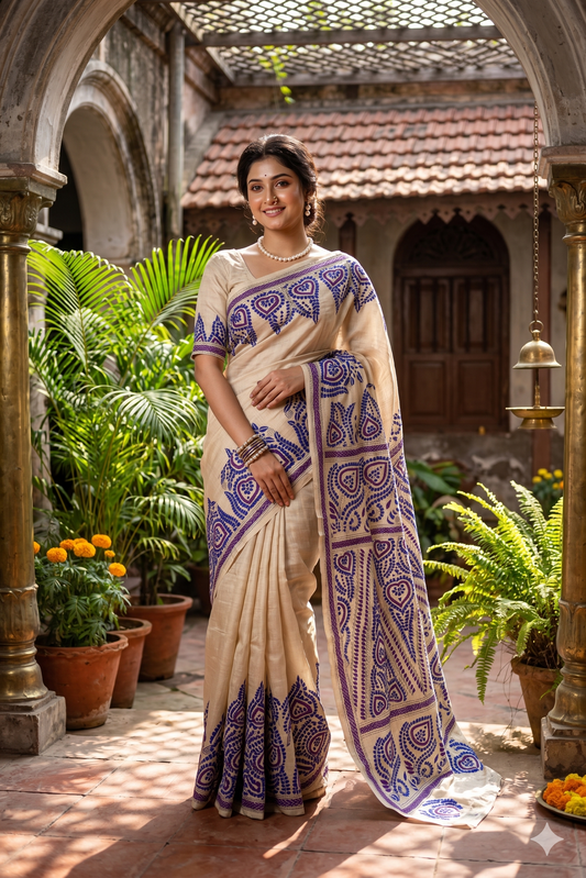 Beige Tussar embroidery saree with kantha work border and matching unstitched blouse from Saarang Sarees, traditional wear.