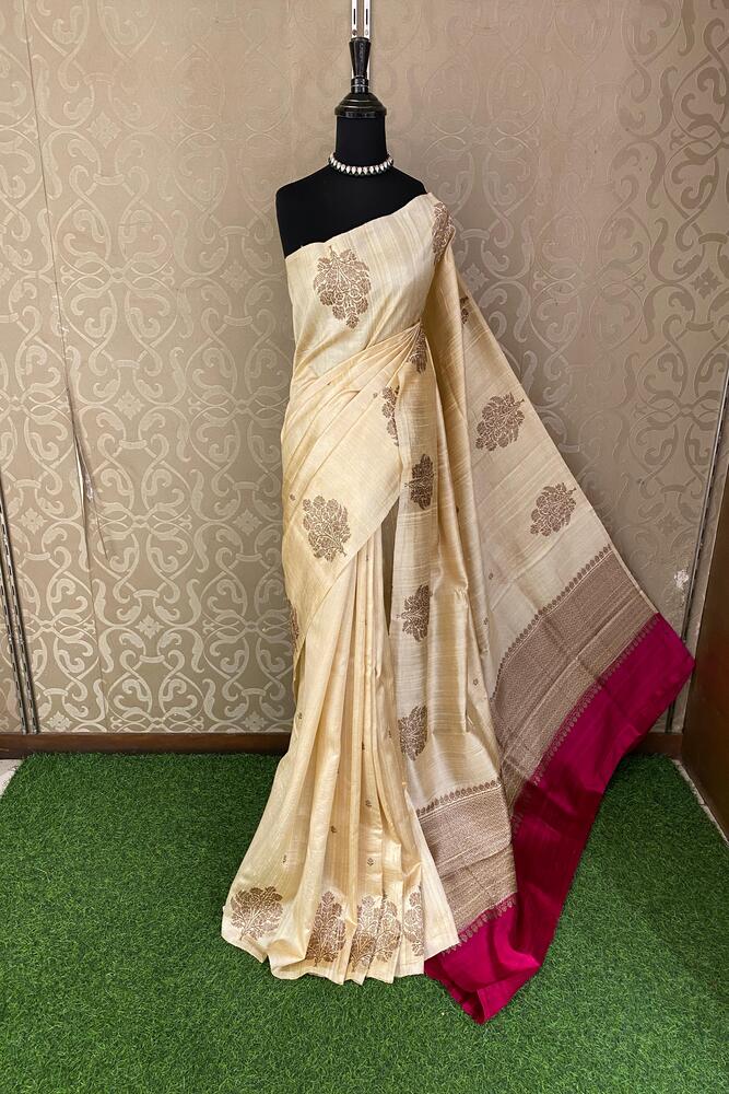 Off-White Pure Raw Tussar Banarasi Silk Saree, Hand Woven Motifs With Unstiched Blouse