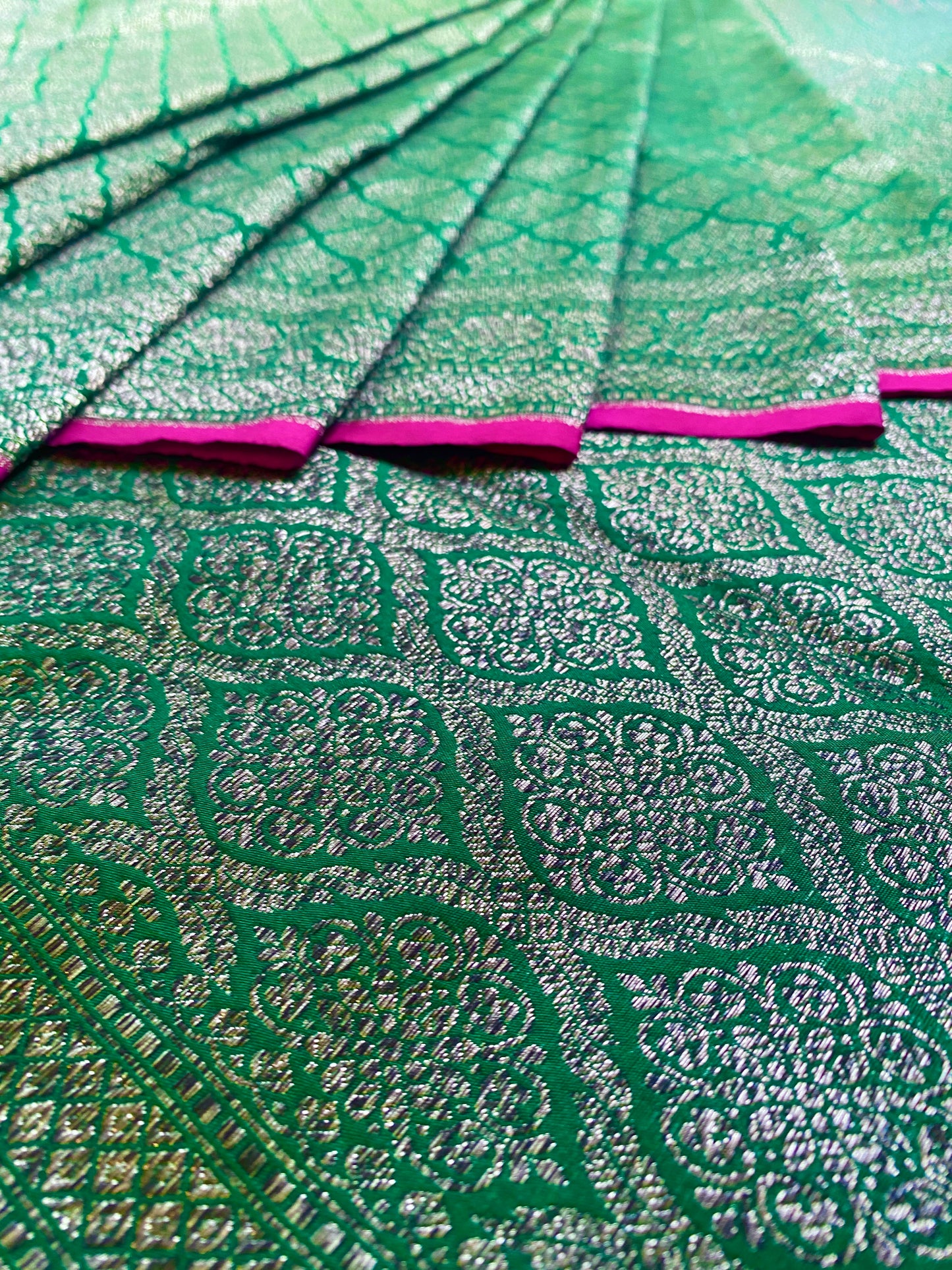 Deep Green Semi Katan Brocade Silk Saree, With Unstiched Blouse