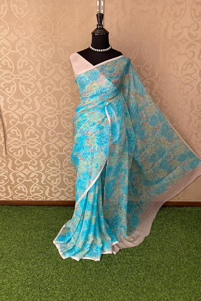 Mauve Blue Floral Printed Chiffon Saree, With Unstiched Blouse Piece