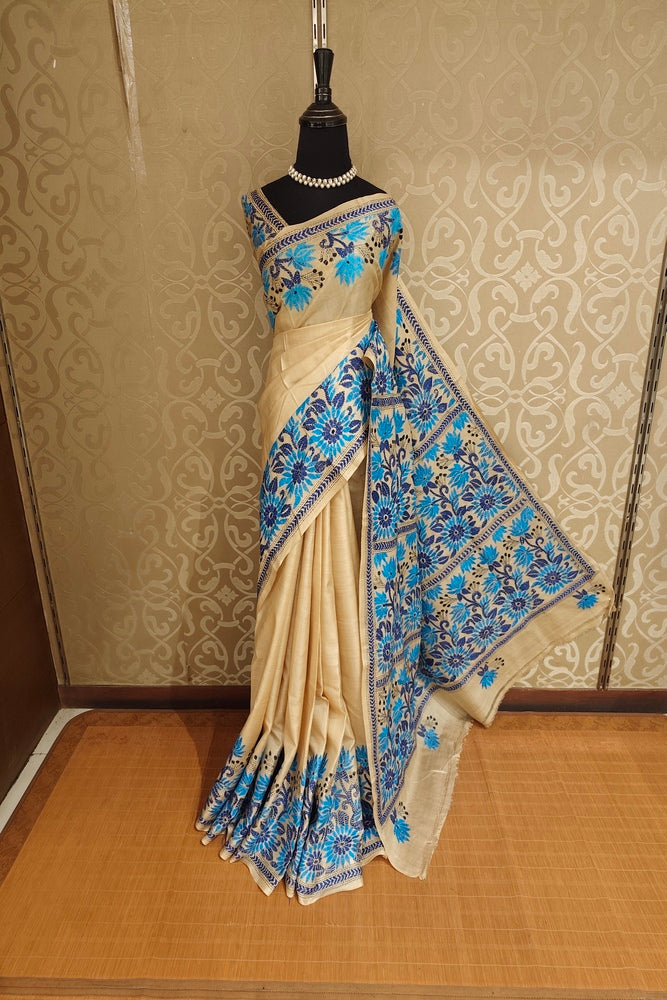 Off-White Tussar Embroidery Saree With Kantha Work Border, With Unstitched Blouse
