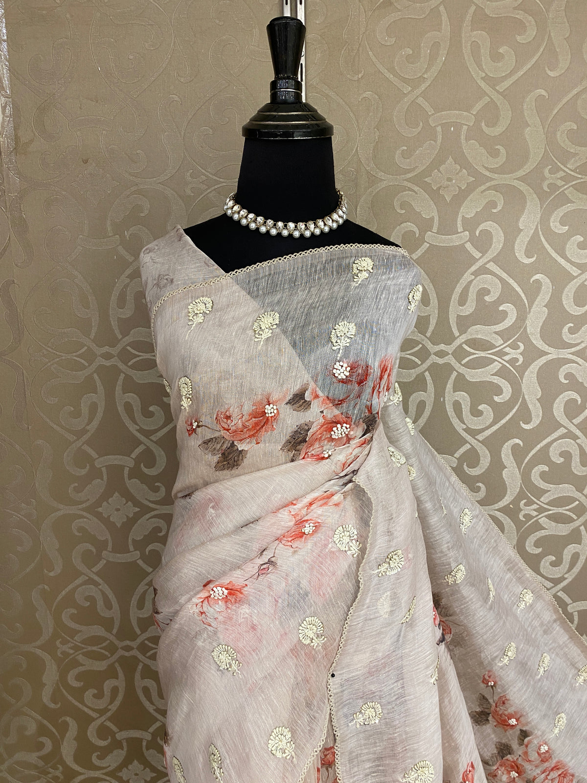 Off-White Linen Silk Saree Hand Embroidered Work, With Unstiched Blouse
