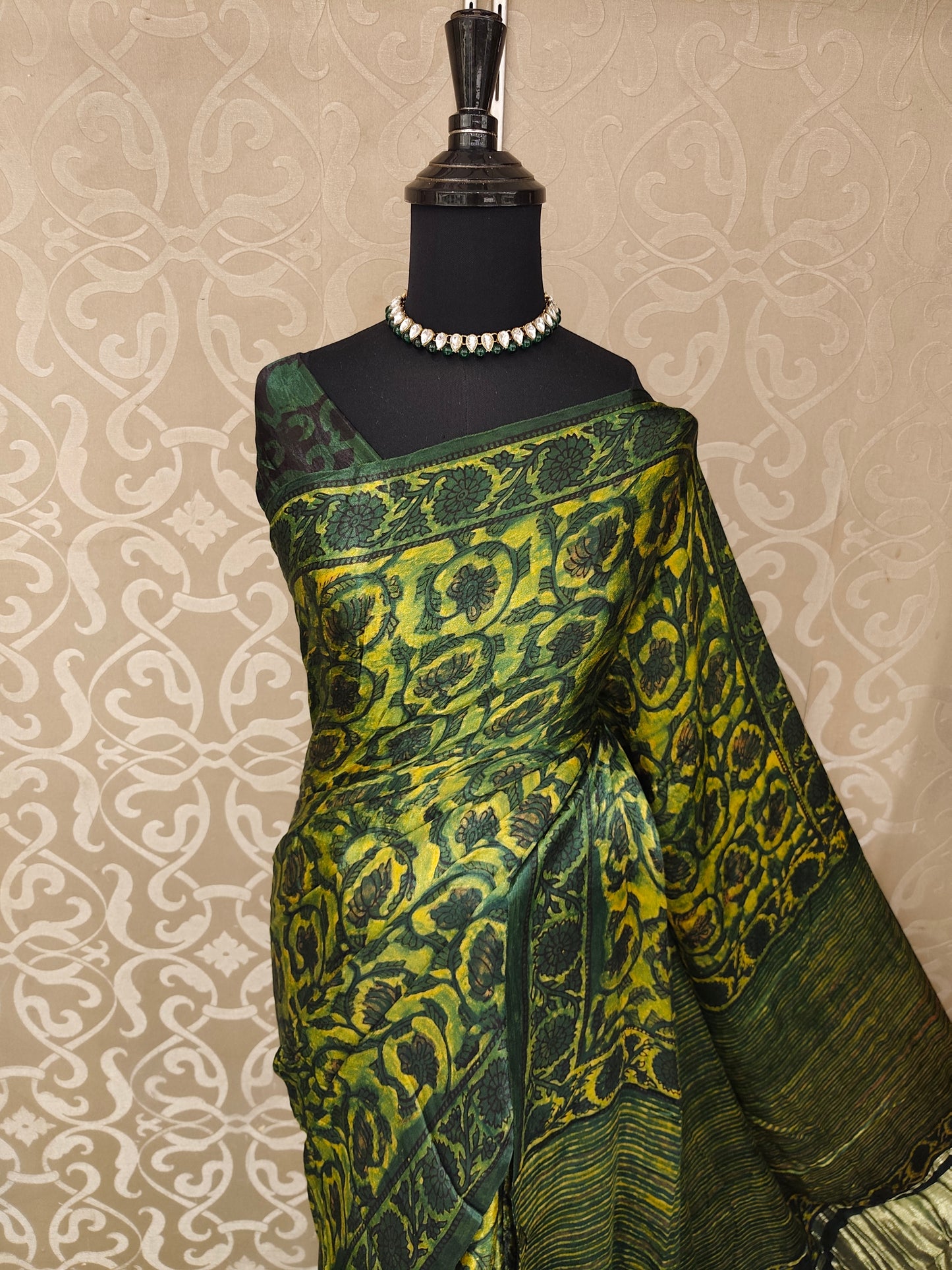 Yellow & Green Pure Modal Silk Ajrakh Printed Saree With Unstich Blouse