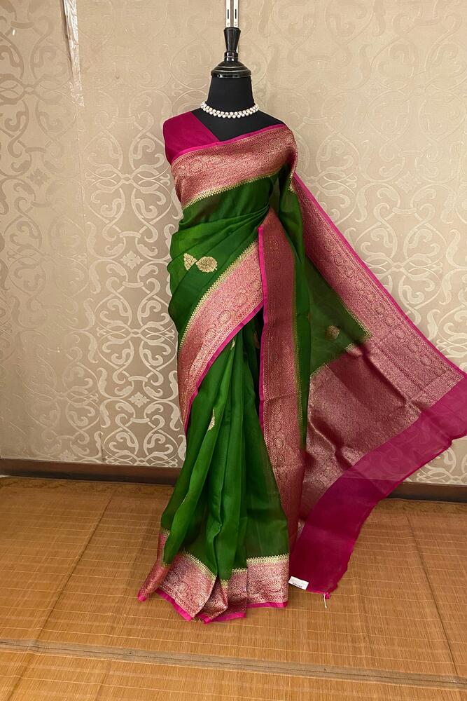 Light Green Kora Banarasi Silk Saree, With Unstiched Blouse
