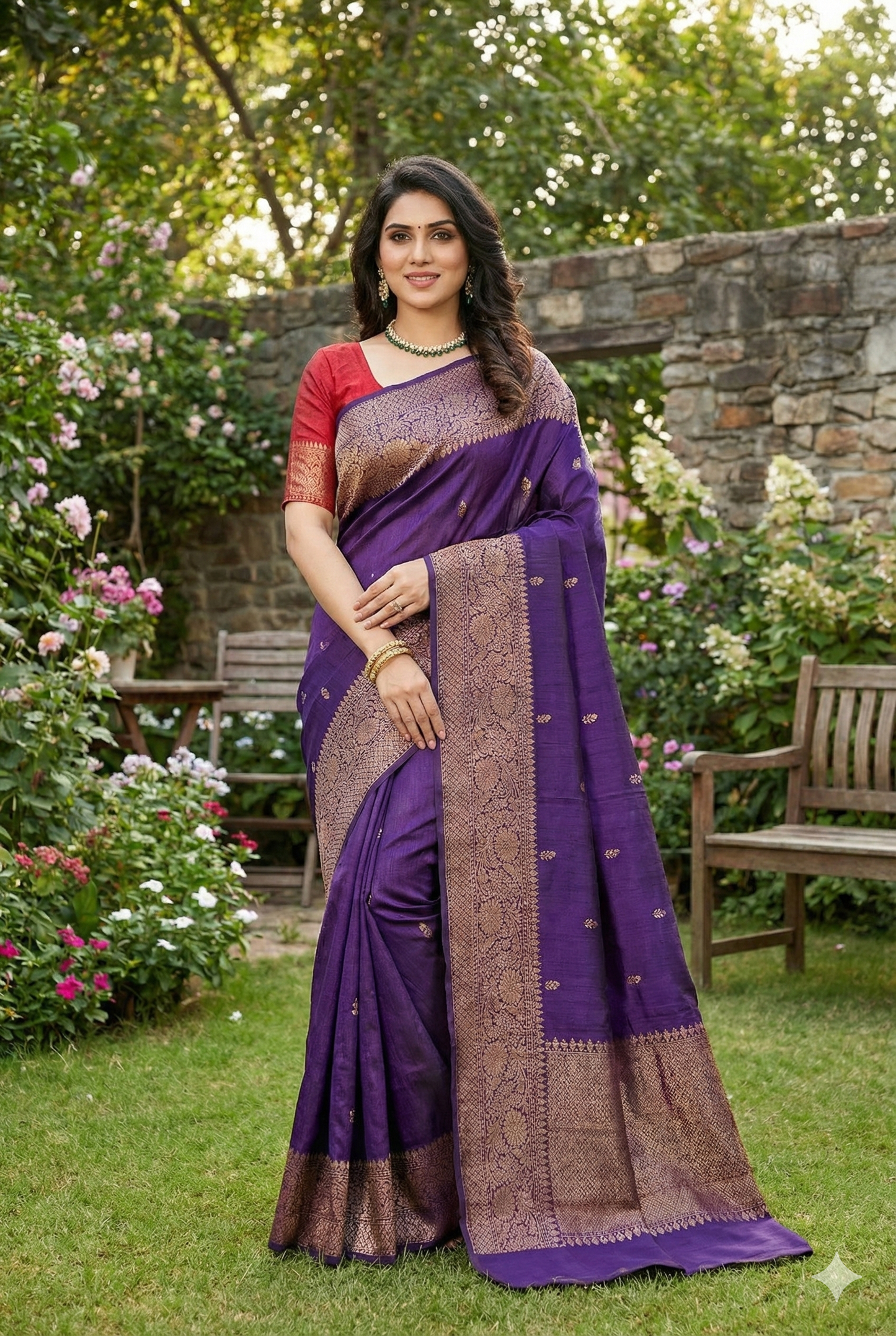 Deep Purple Pure Raw Tussar Banarasi Silk Saree, Hand Woven Motifs With Unstiched Blouse