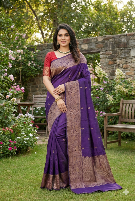 Deep Purple Pure Raw Tussar Banarasi Silk Saree, Hand Woven Motifs With Unstiched Blouse