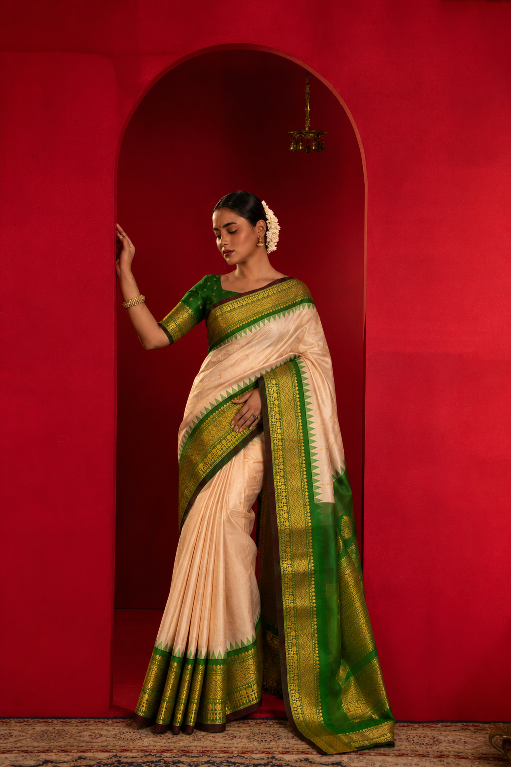 Off-White Gadwal Silk Sarees With Unstiched Blouse