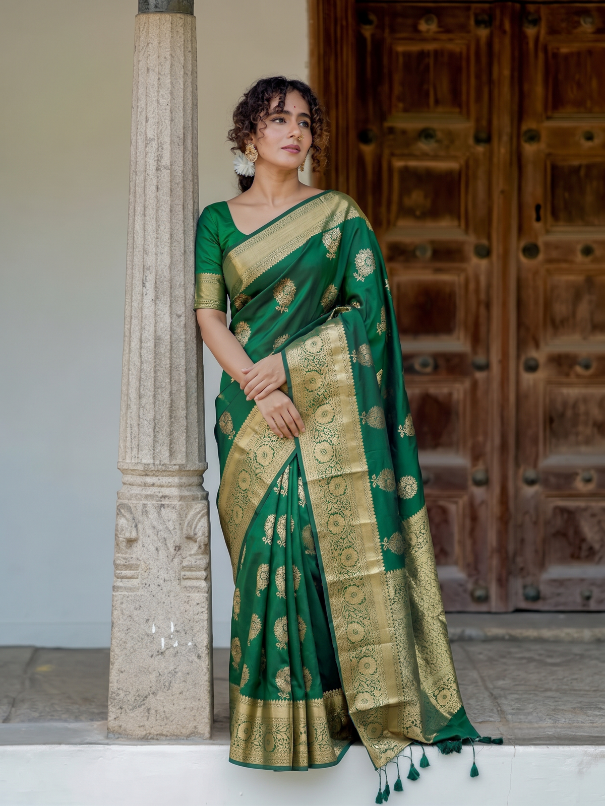 Forest Green Pure Kanjeevaram Silk Saree, With Unstiched Blouse
