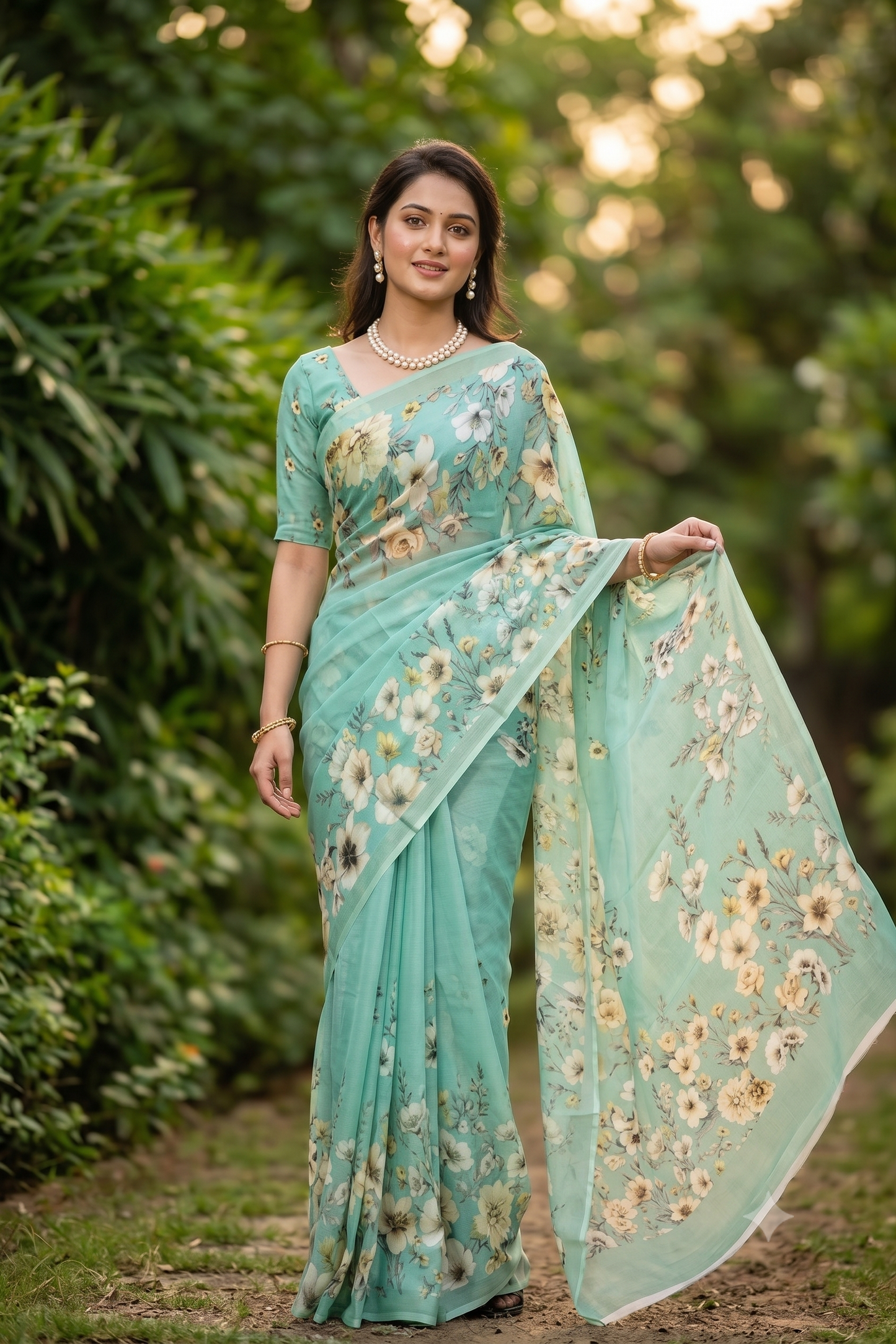 First Green Floral Printed Chiffon Saree, With Unstiched Blouse Piece
