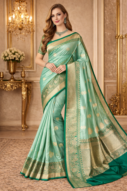 Sea Green Katan Banarasi Saree Hand Woven Work, With Unstiched Blouse