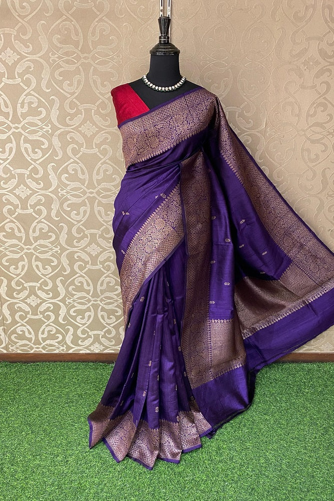 Deep Purple Pure Raw Tussar Banarasi Silk Saree, Hand Woven Motifs With Unstiched Blouse