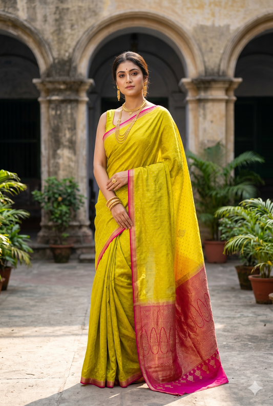Yellow crepe Khaddi Banarasi silk saree with intricate gold work and matching unstiched blouse for traditional wear.