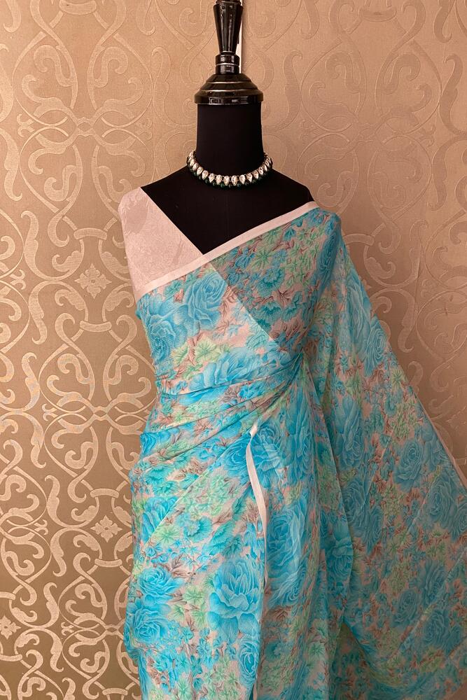 Mauve Blue Floral Printed Chiffon Saree, With Unstiched Blouse Piece