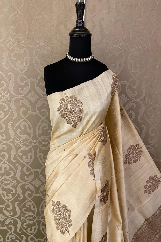 Off-White Pure Raw Tussar Banarasi Silk Saree, Hand Woven Motifs With Unstiched Blouse