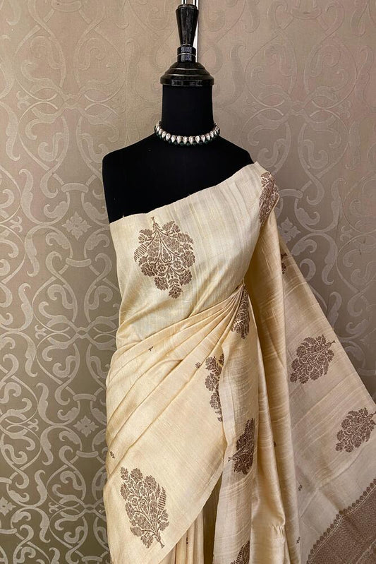 Off-White Pure Raw Tussar Banarasi Silk Saree, Hand Woven Motifs With Unstiched Blouse