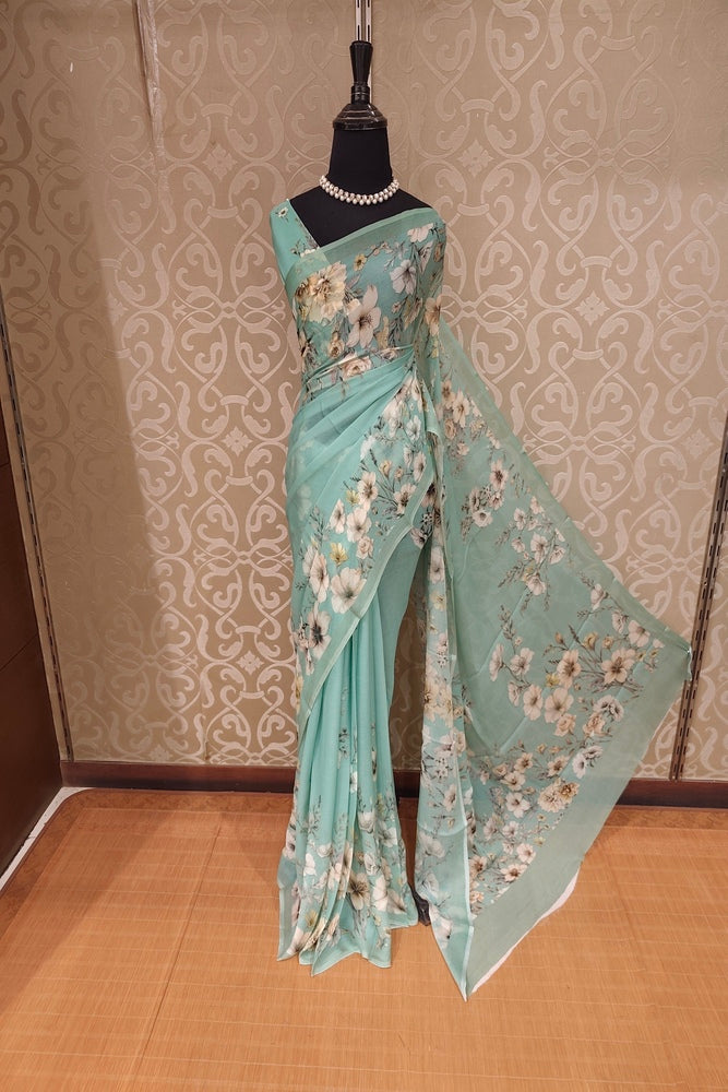 First Green Floral Printed Chiffon Saree, With Unstiched Blouse Piece