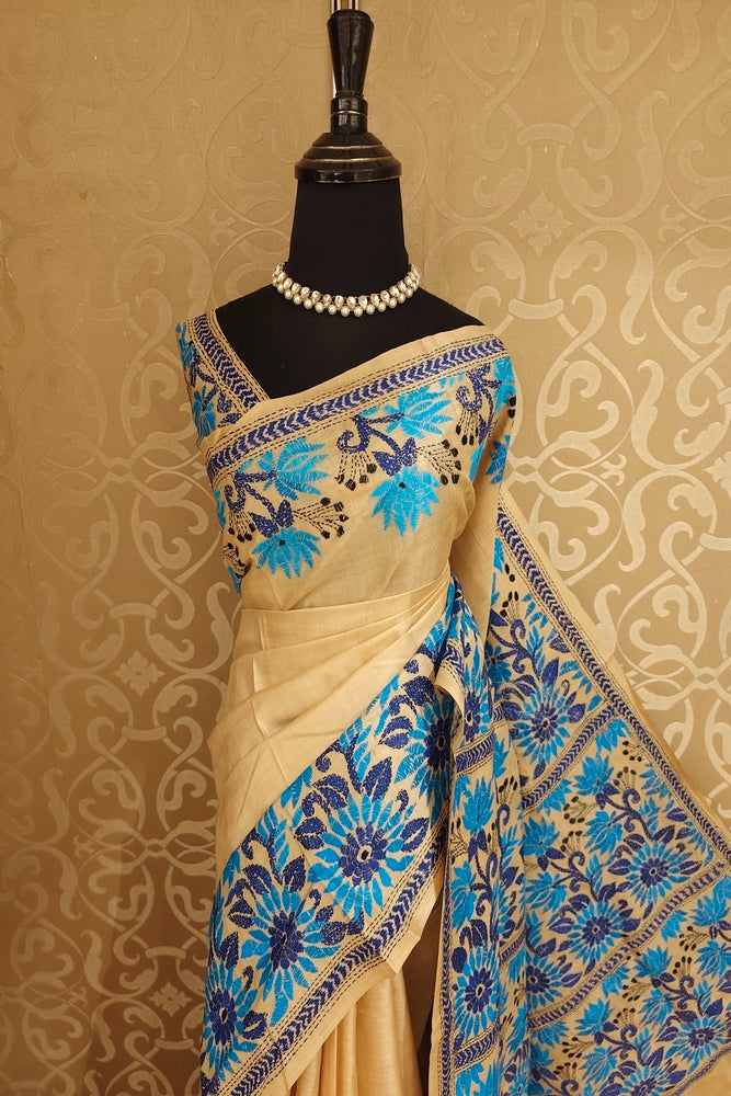 Off-White Tussar Embroidery Saree With Kantha Work Border, With Unstitched Blouse