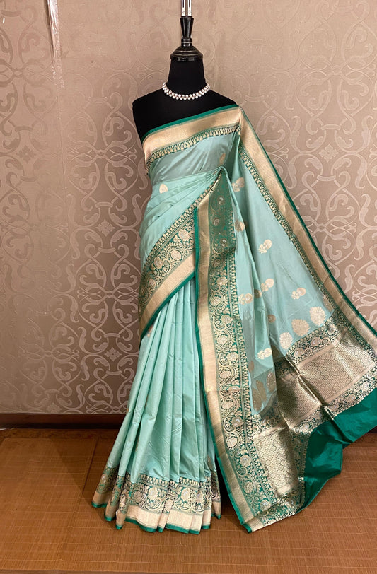 Sea Green Katan Banarasi Saree Hand Woven Work, With Unstiched Blouse