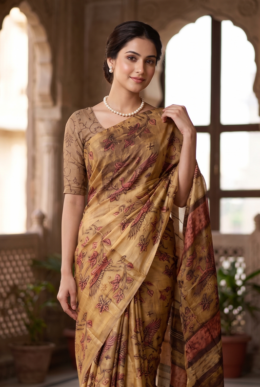 Golden Beige Pure Modal Silk Ajrakh Printed Saree With Unstich Blouse