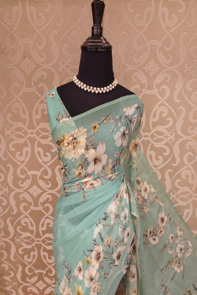First Green Floral Printed Chiffon Saree, With Unstiched Blouse Piece