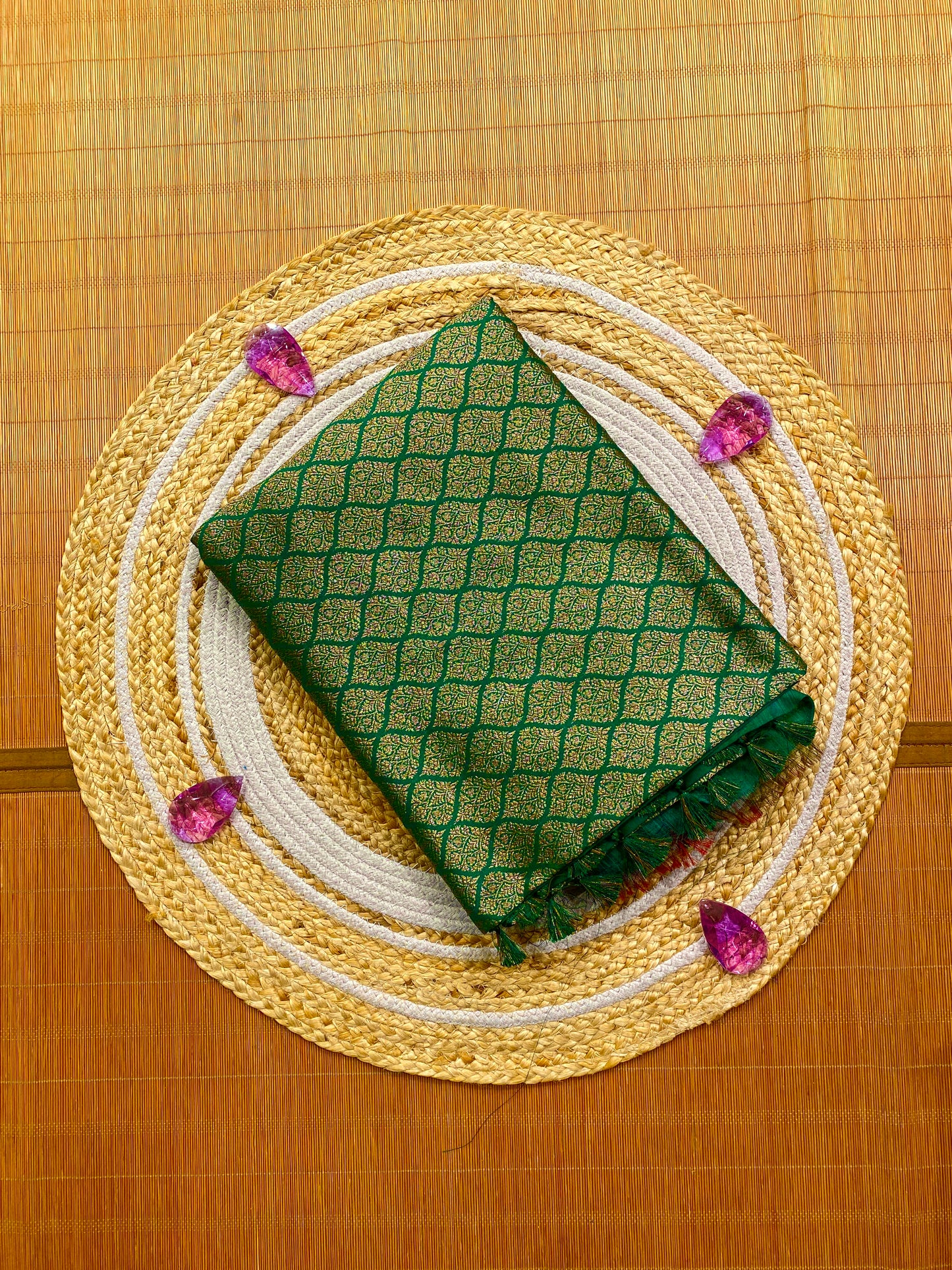 Green Semi Katan Brocade Silk Saree, With Unstiched Blouse